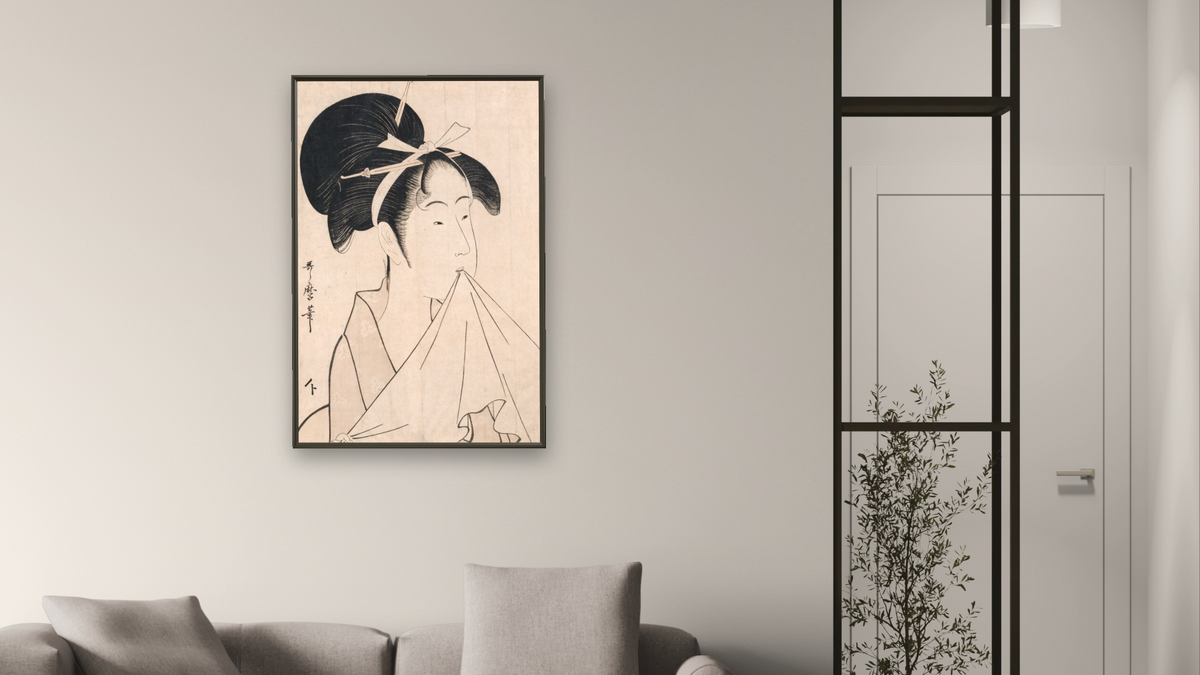 Bust of a Young Girl by Kitagawa Utamaro, shown at 28 × 42 in (71.1 × 106.7 cm) on canvas in Ramino Satin Black, living