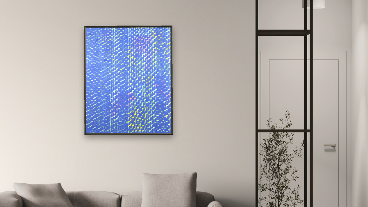 Celestial Fantasy by Alma Thomas, shown at 32 × 40 in (81.3 × 101.6 cm) on canvas in Ramino Satin Black, living