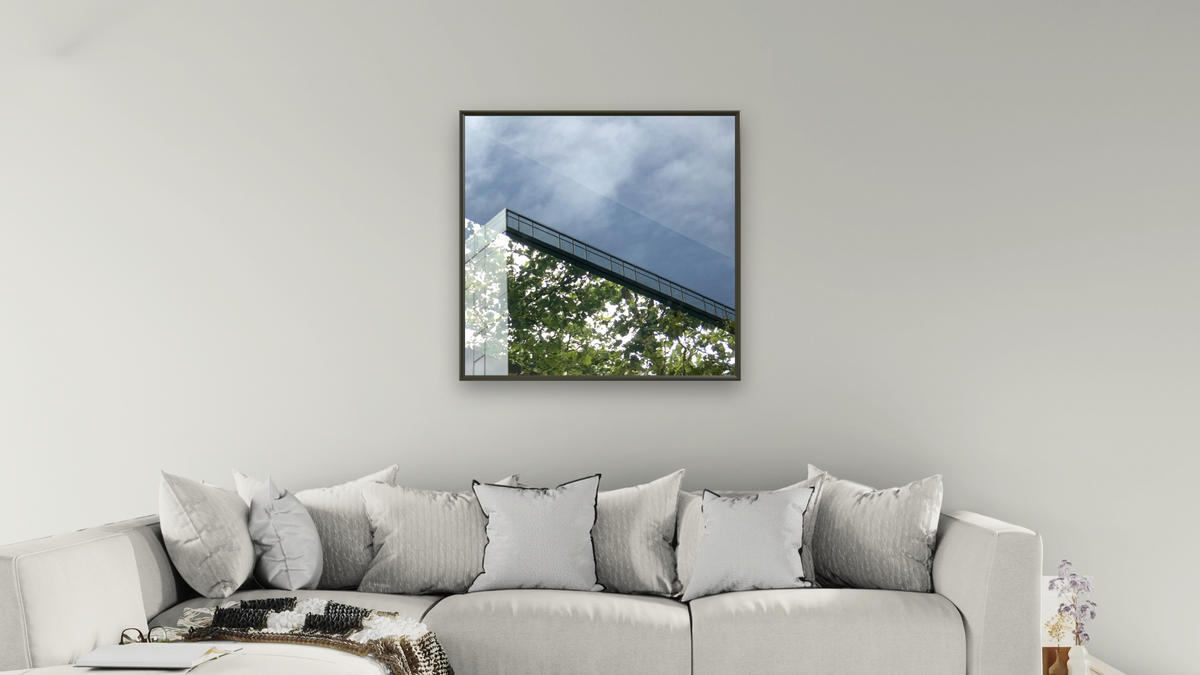 I Brought You a Box of Forest and Light by Judith Rayl, shown at 32 × 32 in (81.3 × 81.3 cm) on canvas in Ramino Satin Black, living