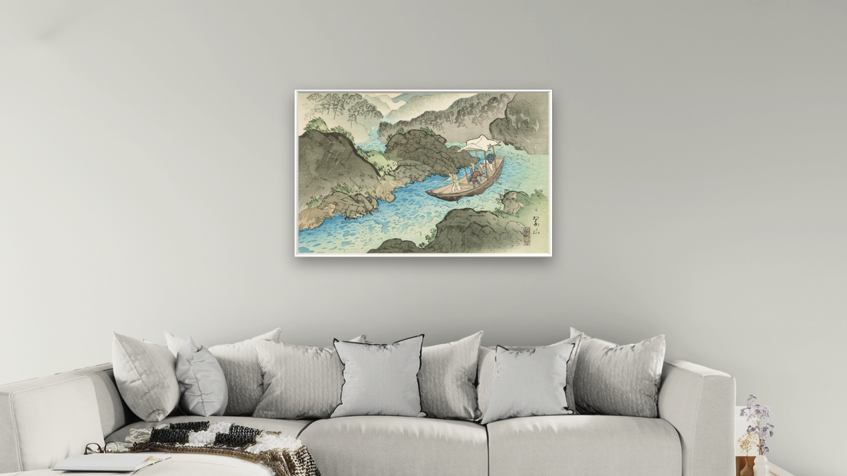 The Hozu Rapids (Shoka no Hozu-gawa) by Miki Suizan, shown at 28 × 42 in (71.1 × 106.7 cm) on canvas in Ramino Satin Black, living
