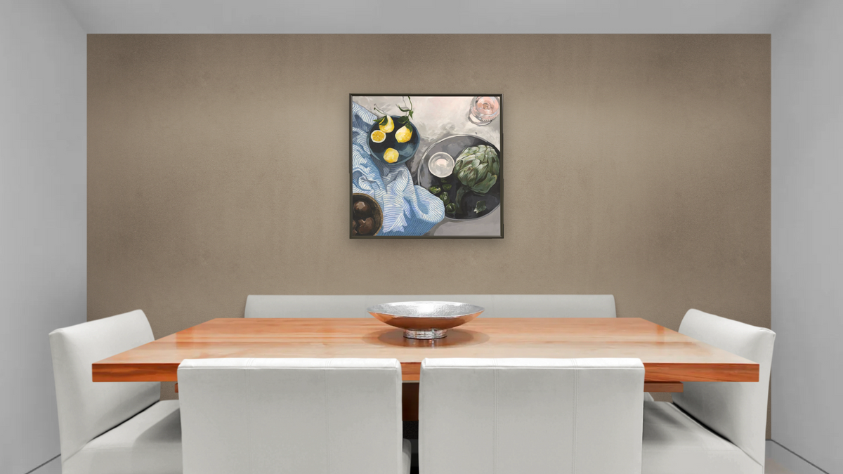 Lemons and Artichokes, shown at 32 × 32 in (81.3 × 81.3 cm) on canvas in Ramino Satin Black, dining