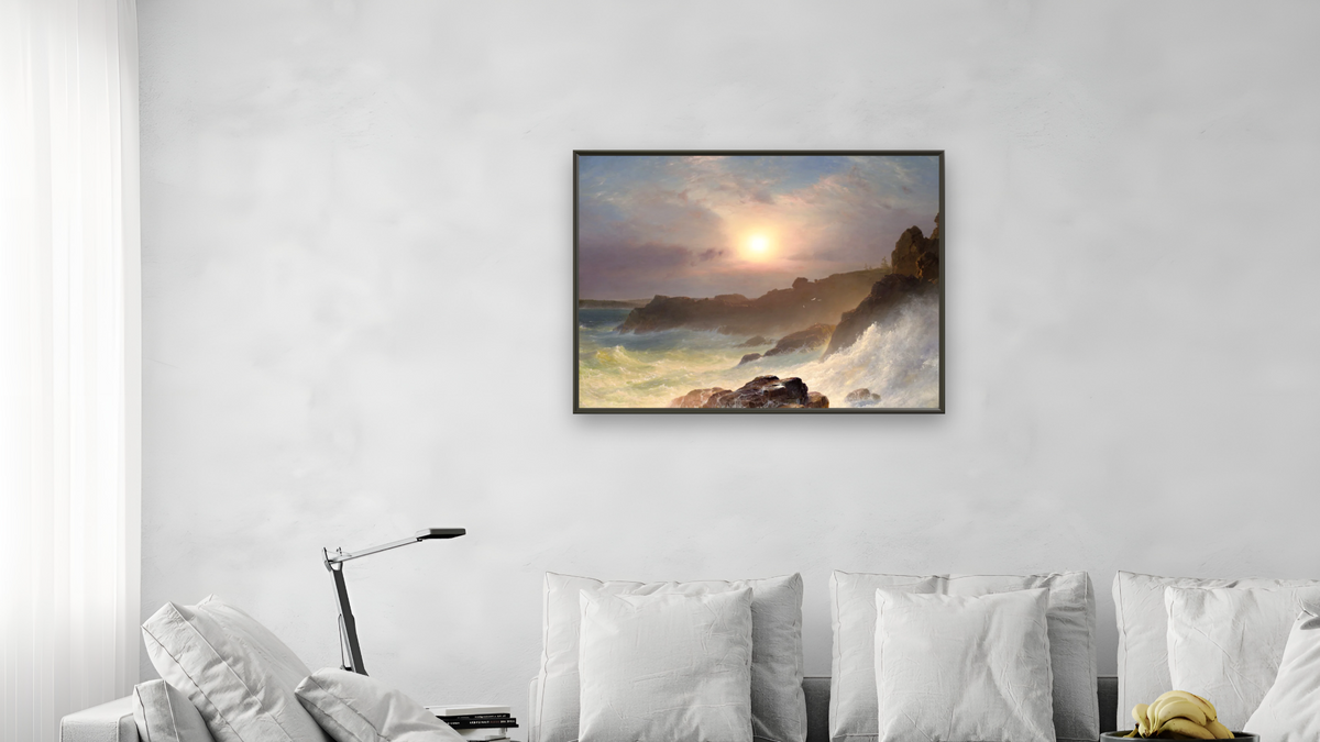 Coast Scene, Mount Desert Sunrise off the Maine Coast by Frederic Edwin Church, shown at 30 × 40 in (76.2 × 101.6 cm) on canvas in Ramino Satin Black, living