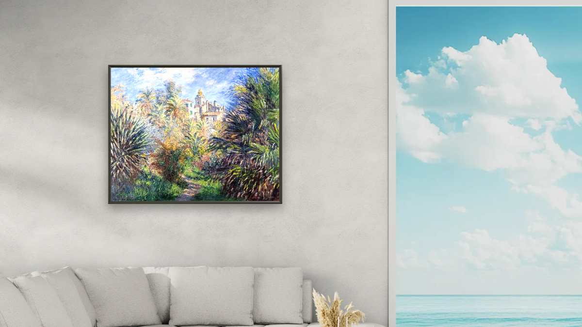 Gardens of the Villa Moreno, Bordighera by Claude Monet, shown at 32 × 40 in (81.3 × 101.6 cm) on canvas in Ramino Satin Black, living