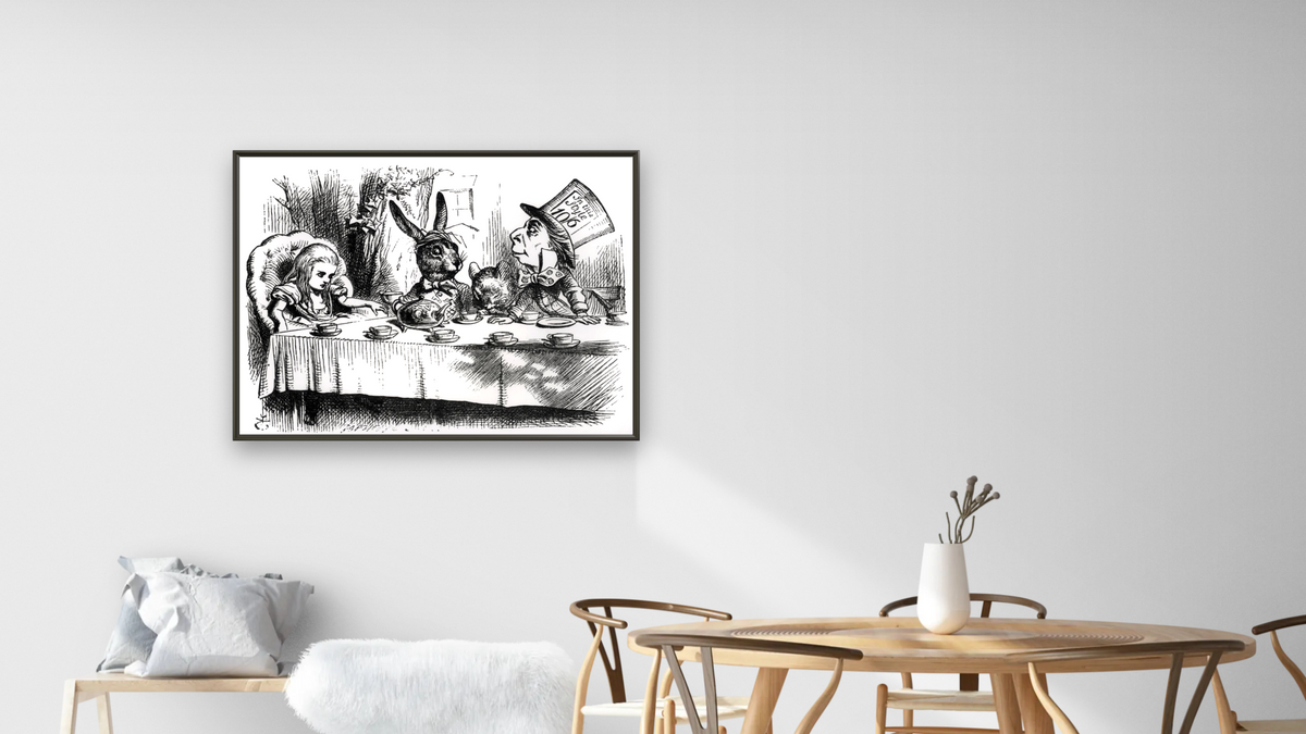The Mad Hatter's Tea Party, illustration from 'Alice's Adventures in Wonderland', by Lewis Carroll by John Tenniel, shown at 30 × 40 in (76.2 × 101.6 cm) on canvas in Ramino Satin Black, dining