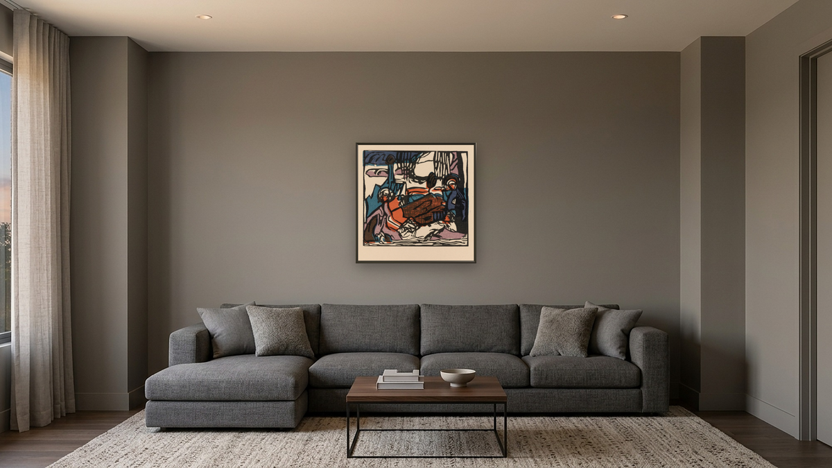 Weisser Klang (White Sound), from Klänge (Sounds) by Wassily Kandinsky, shown at 32 × 32 in (81.3 × 81.3 cm) on canvas in Ramino Satin Black, media room
