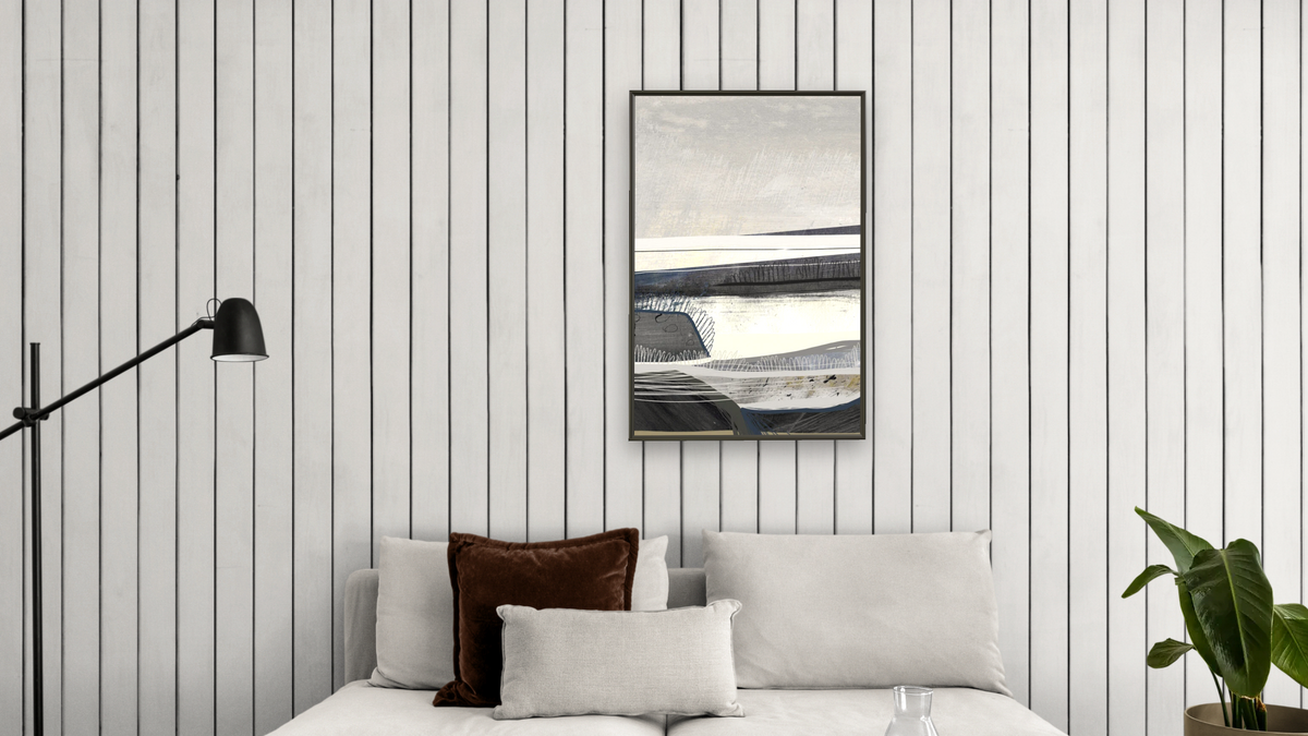 Bay 2 by Dan Hobday, shown at 28 × 42 in (71.1 × 106.7 cm) on canvas in Ramino Satin Black, living