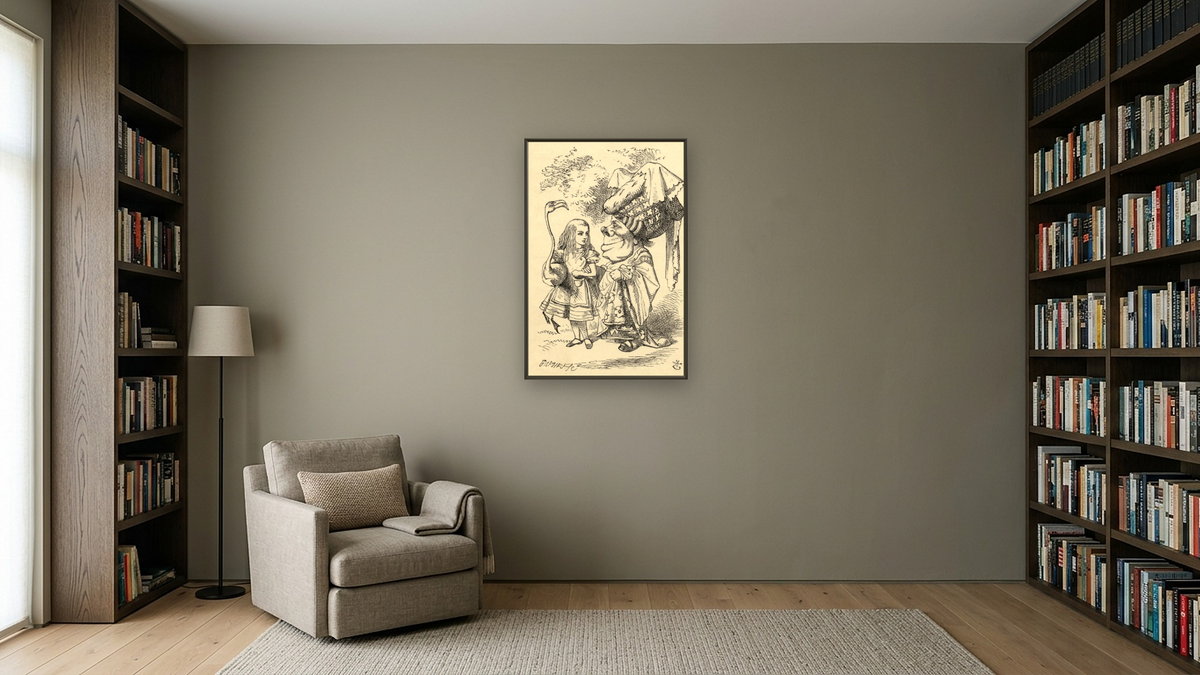 Alice with flamingo chats with the Duchess, from 'Alice's Adventures in Wonderland' by Lewis Carroll by John Tenniel, shown at 28 × 42 in (71.1 × 106.7 cm) on canvas in Ramino Satin Black, library