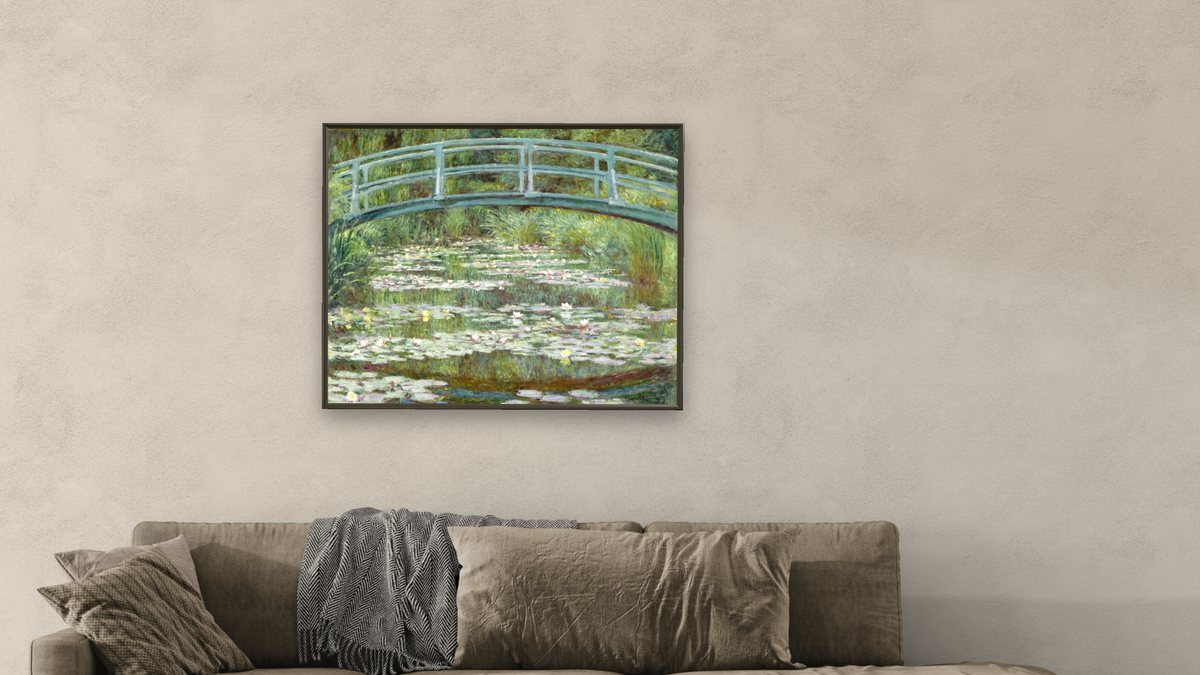 The Japanese Footbridge by Claude Monet, shown at 32 × 40 in (81.3 × 101.6 cm) on canvas in Ramino Satin Black, living