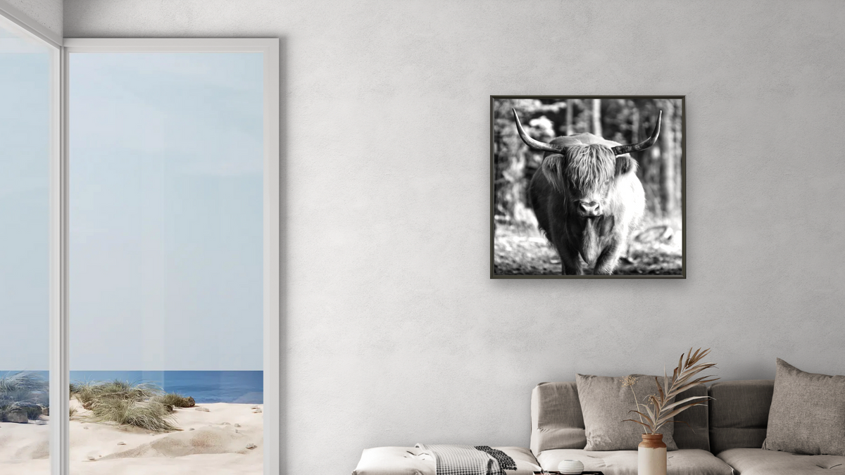 Nelly O.G. by Brandon Luther, shown at 32 × 32 in (81.3 × 81.3 cm) on canvas in Ramino Satin Black, living