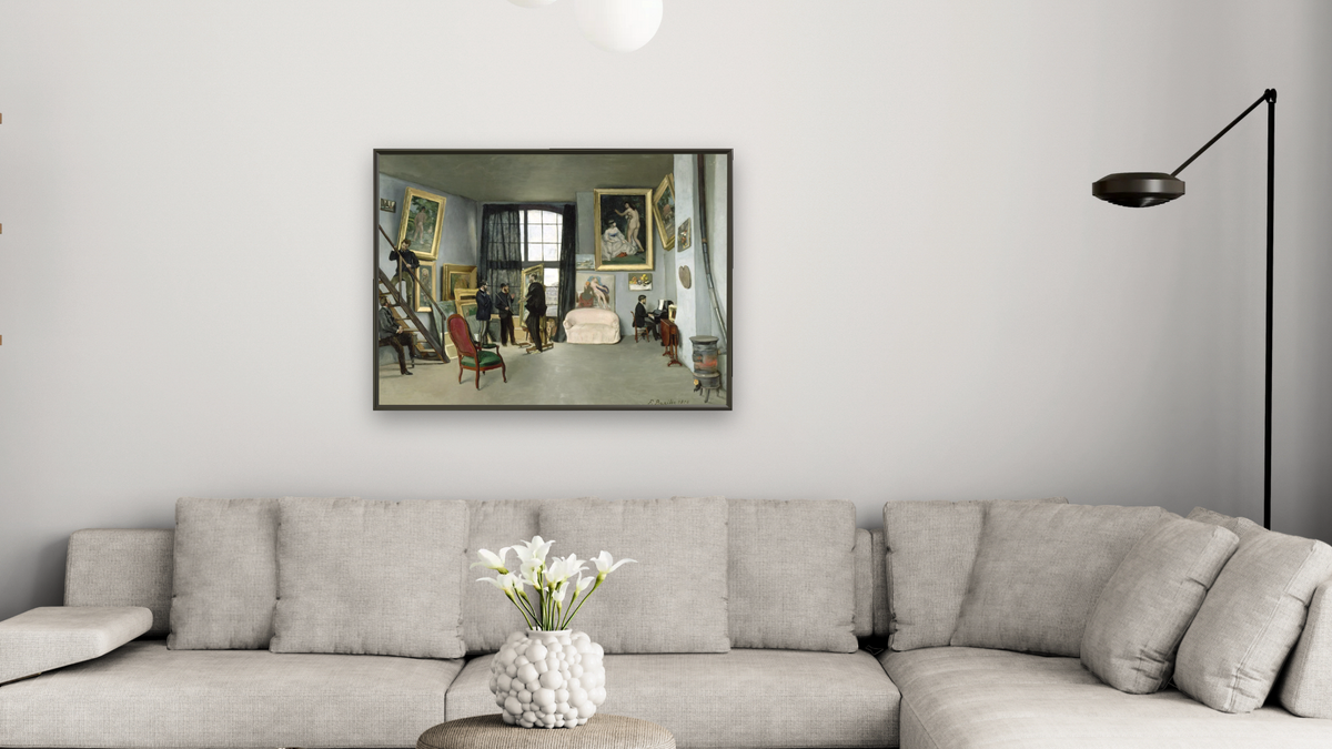 L'Atelier de Bazille, 9 rue de la Condamine a Paris Astruc ou Monet, Manet, Bazille, Edmond Maitre au piano by Frederic Bazille, shown at 30 × 40 in (76.2 × 101.6 cm) on canvas in Ramino Satin Black, living