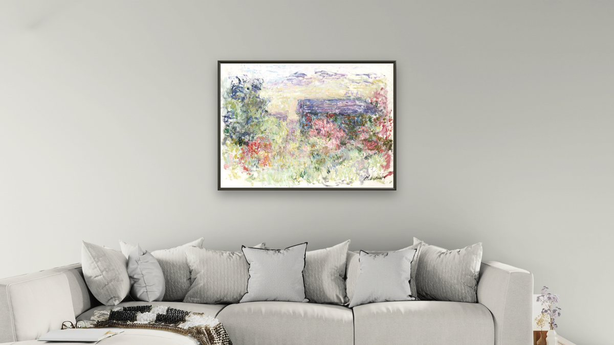The House Through The Roses by Claude Monet, shown at 30 × 40 in (76.2 × 101.6 cm) on canvas in Ramino Satin Black, living