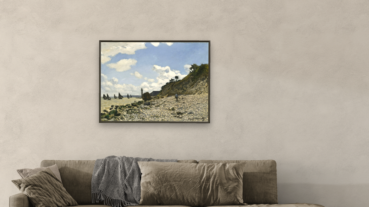 The Beach at Honfleur by Claude Monet, shown at 30 × 40 in (76.2 × 101.6 cm) on canvas in Ramino Satin Black, living