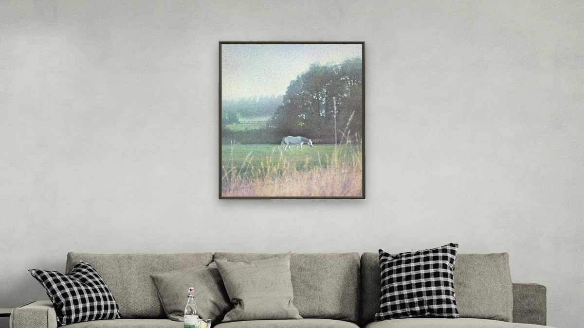 White Horse by Kirsten Söderlind, shown at 32 × 40 in (81.3 × 101.6 cm) on canvas in Ramino Satin Black, living