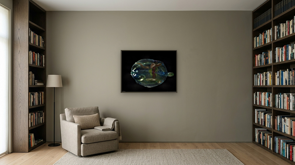 Flounder 1 by Alexis Rockman, shown at 30 × 40 in (76.2 × 101.6 cm) on canvas in Ramino Satin Black, library