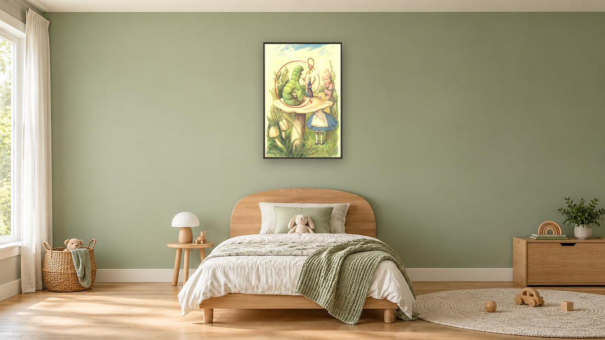Alice Meets the Caterpillar, illustration from 'Alice in Wonderland' by Lewis Carroll by John Tenniel, shown at 28 × 42 in (71.1 × 106.7 cm) on canvas in Ramino Satin Black, kids' room