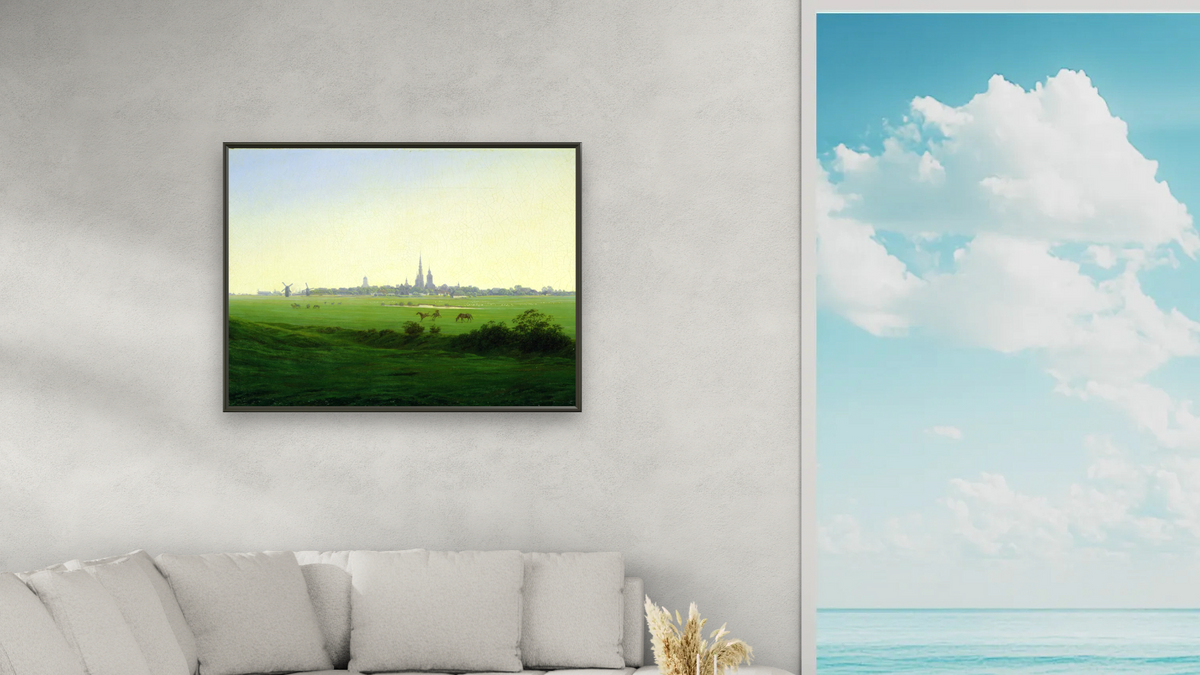 Meadows near Greifswald (oil on canvas) by Caspar David Friedrich, shown at 30 × 40 in (76.2 × 101.6 cm) on canvas in Ramino Satin Black, living