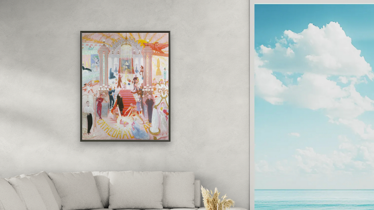 The Cathedrals of Art by Florine Stettheimer, shown at 32 × 40 in (81.3 × 101.6 cm) on canvas in Ramino Satin Black, living