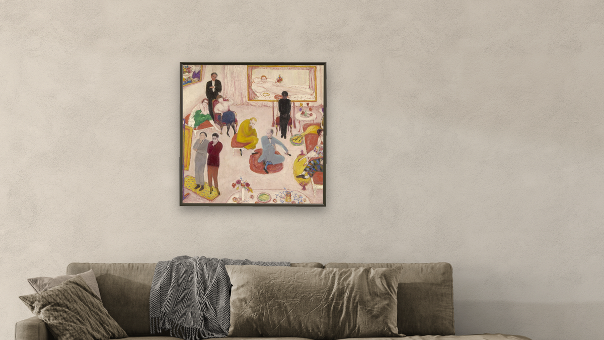 Studio Party (Soirée) by Florine Stettheimer, shown at 32 × 32 in (81.3 × 81.3 cm) on canvas in Ramino Satin Black, living