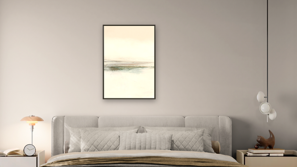 Calm Set 3 by Dan Hobday, shown at 28 × 42 in (71.1 × 106.7 cm) on canvas in Ramino Satin Black, bedroom