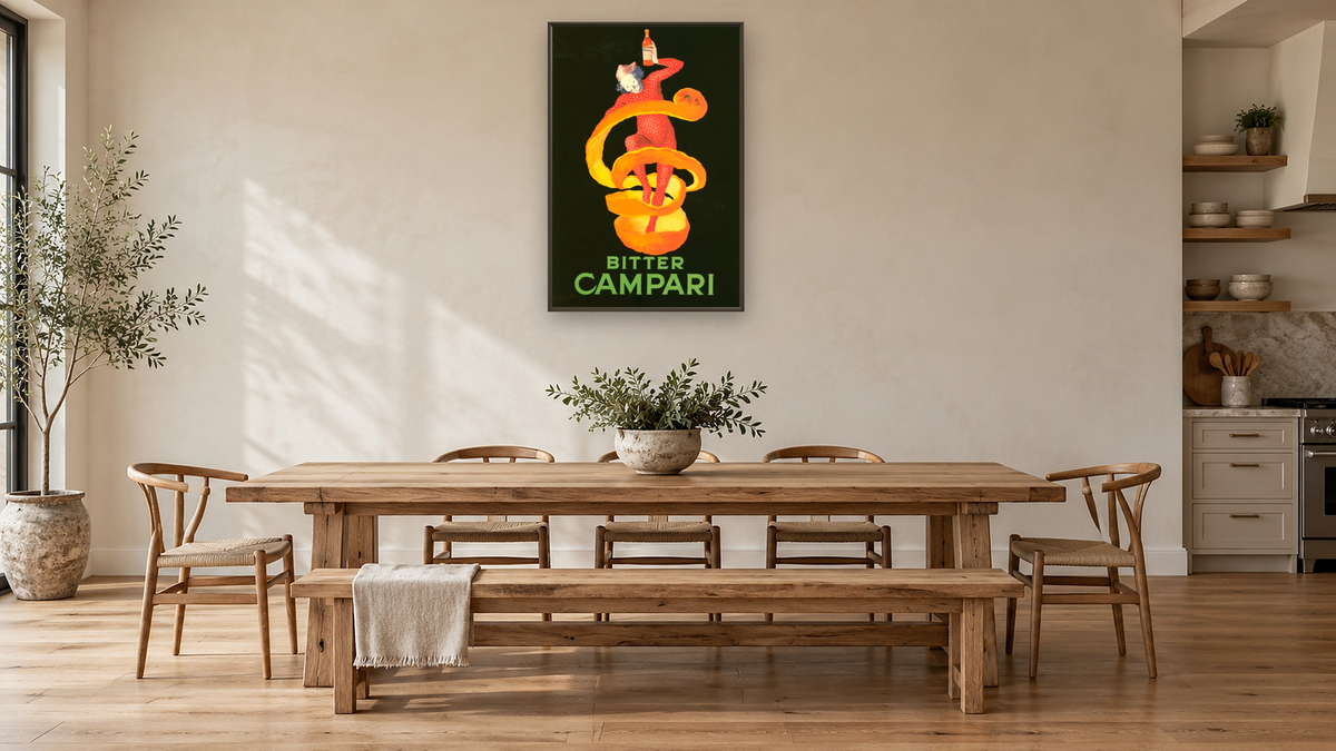 Bitter Campari advertisement poster by Leonetto Cappiello, shown at 28 × 42 in (71.1 × 106.7 cm) on canvas in Ramino Satin Black, kitchen