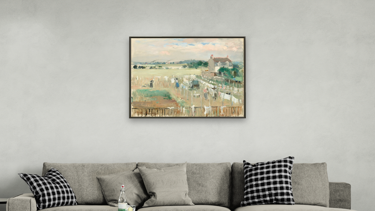 Hanging the Laundry out to Dry by Berthe Morisot, shown at 32 × 40 in (81.3 × 101.6 cm) on canvas in Ramino Satin Black, living