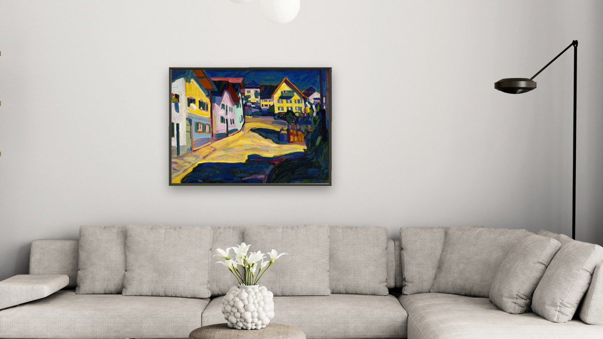 Murnau Burggrabenstrasse 1 by Wassily Kandinsky, shown at 30 × 40 in (76.2 × 101.6 cm) on canvas in Ramino Satin Black, living