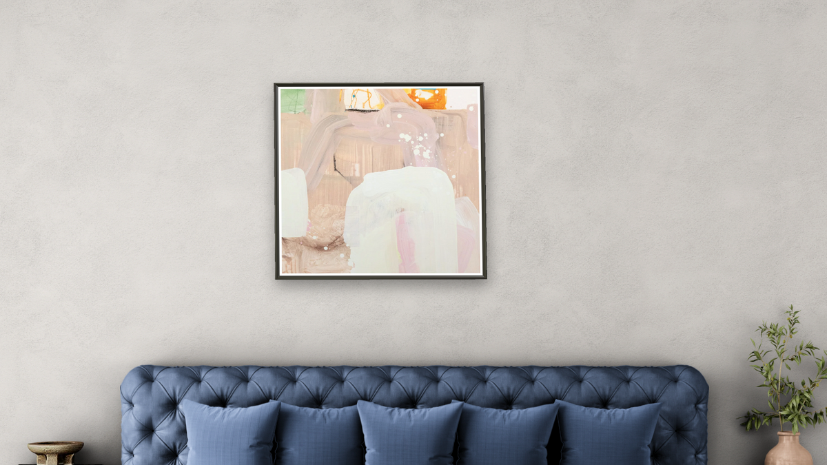 Snack 9 by Nino Yuniardi, shown at 32 × 32 in (81.3 × 81.3 cm) on canvas in Ramino Satin Black, bedroom