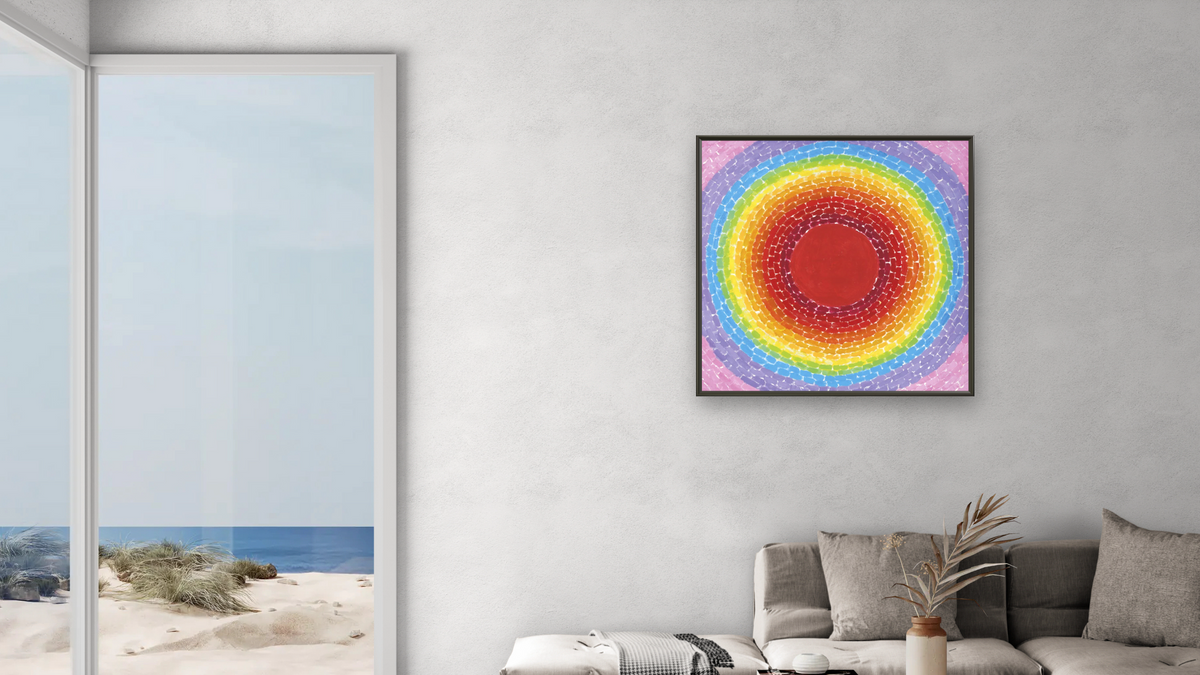 A Fantastic Sunset by Alma Thomas, shown at 32 × 32 in (81.3 × 81.3 cm) on canvas in Ramino Satin Black, living