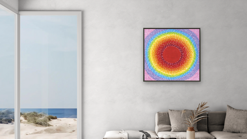 A Fantastic Sunset by Alma Thomas, shown at 32 × 32 in (81.3 × 81.3 cm) on canvas in Ramino Satin Black, living [arteriel-render:v6:room_a:32x32@70,39]