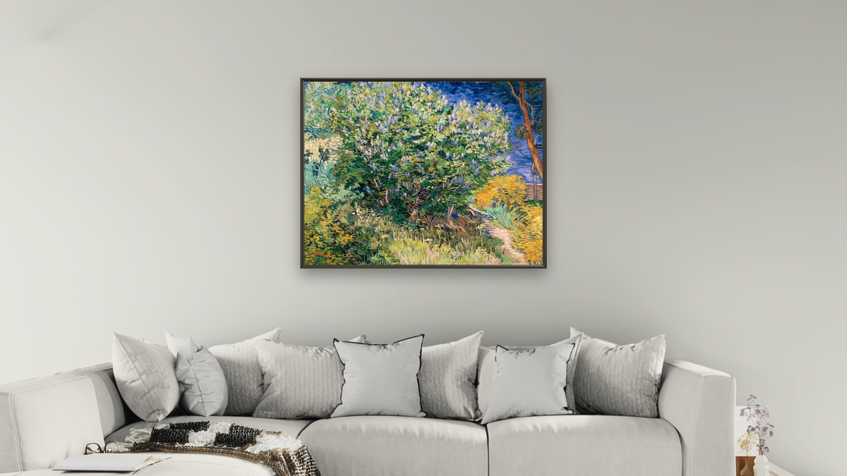 Lilac Bush by Vincent van Gogh, shown at 32 × 40 in (81.3 × 101.6 cm) on canvas in Ramino Satin Black, living