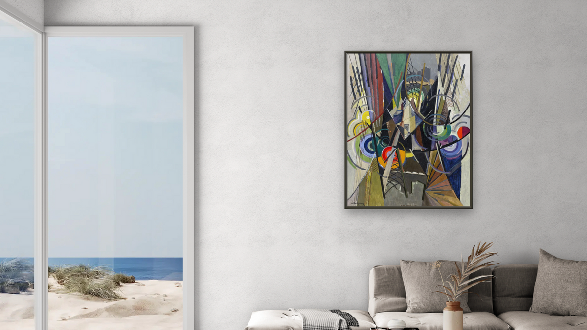 On Brooklyn Bridge by Albert Gleizes, shown at 30 × 40 in (76.2 × 101.6 cm) on canvas in Ramino Satin Black, living