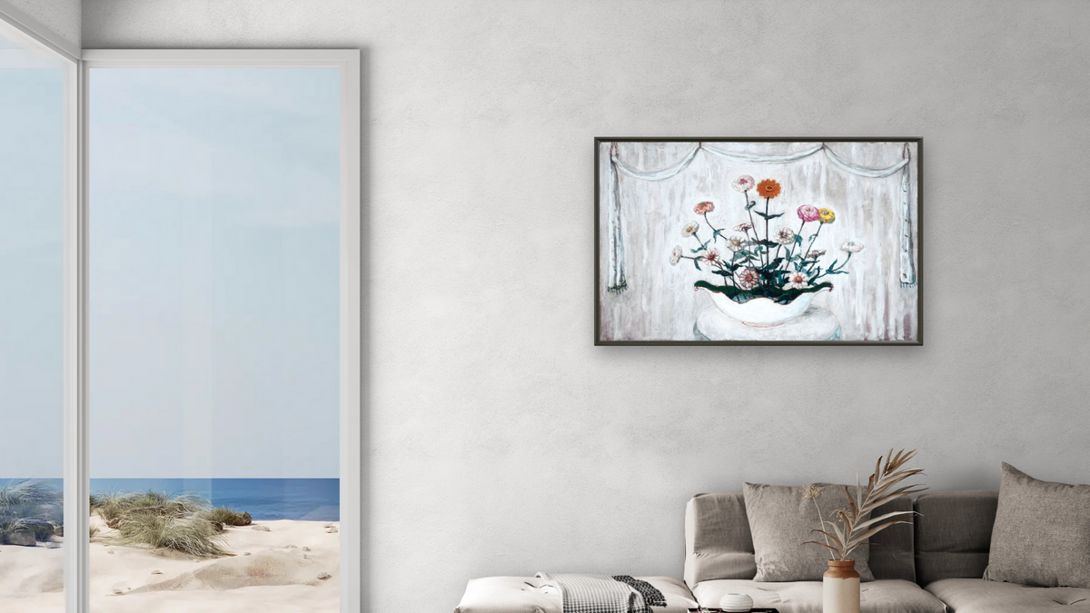 Zinnias by Florine Stettheimer, shown at 28 × 42 in (71.1 × 106.7 cm) on canvas in Ramino Satin Black, living