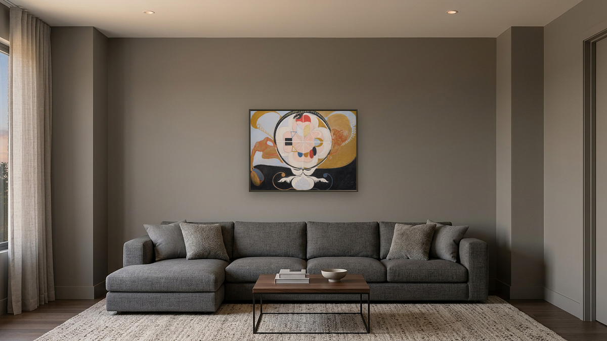 Group VI, No. 13, Evolution by Hilma af Klint, shown at 30 × 40 in (76.2 × 101.6 cm) on canvas in Ramino Satin Black, media room