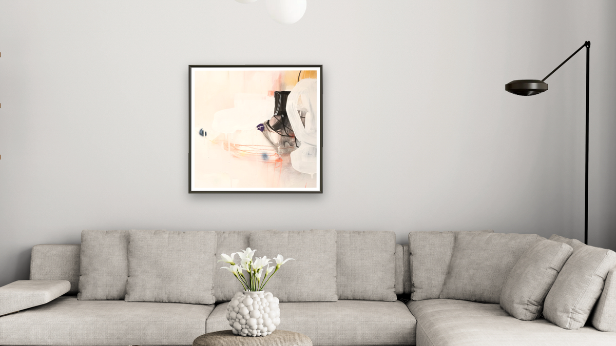 Snack 4 by Nino Yuniardi, shown at 32 × 32 in (81.3 × 81.3 cm) on canvas in Ramino Satin Black, living