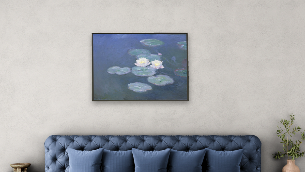 Waterlilies, Evening by Claude Monet, shown at 30 × 40 in (76.2 × 101.6 cm) on canvas in Ramino Satin Black, bedroom