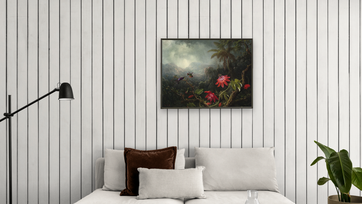 Passion Flowers with Three Hummingbirds by Martin Johnson Heade, shown at 30 × 40 in (76.2 × 101.6 cm) on canvas in Ramino Satin Black, living