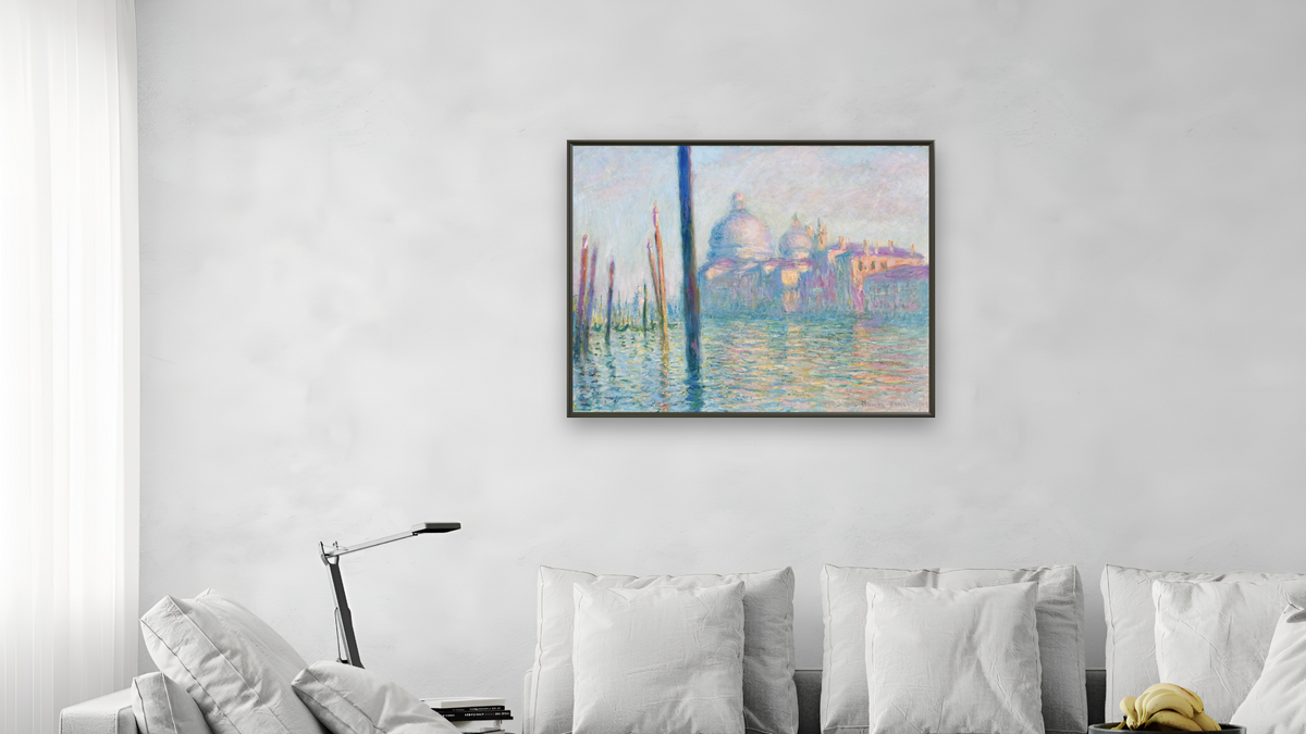 Le Grand Canal, Venice by Claude Monet, shown at 32 × 40 in (81.3 × 101.6 cm) on canvas in Ramino Satin Black, living