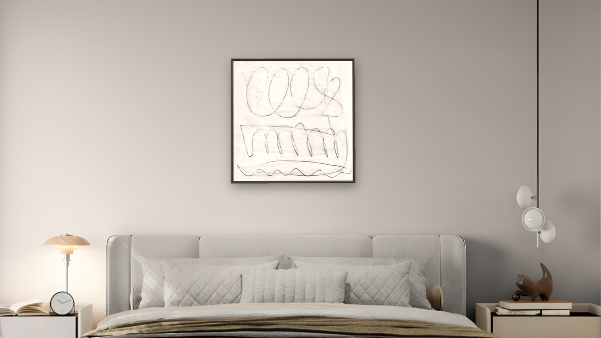 Mild by Dan Hobday, shown at 32 × 32 in (81.3 × 81.3 cm) on canvas in Ramino Satin Black, bedroom