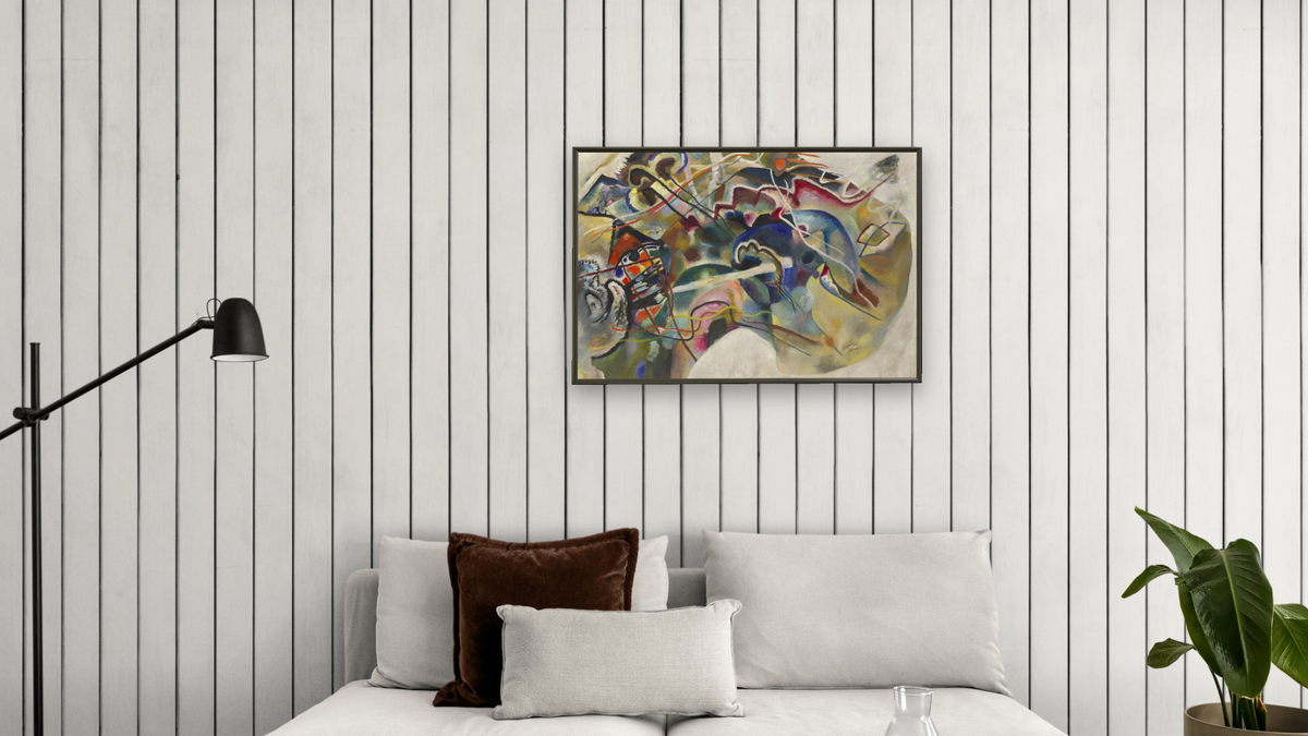 Painting with White Border Moscow, shown at 28 × 42 in (71.1 × 106.7 cm) on canvas in Ramino Satin Black, living