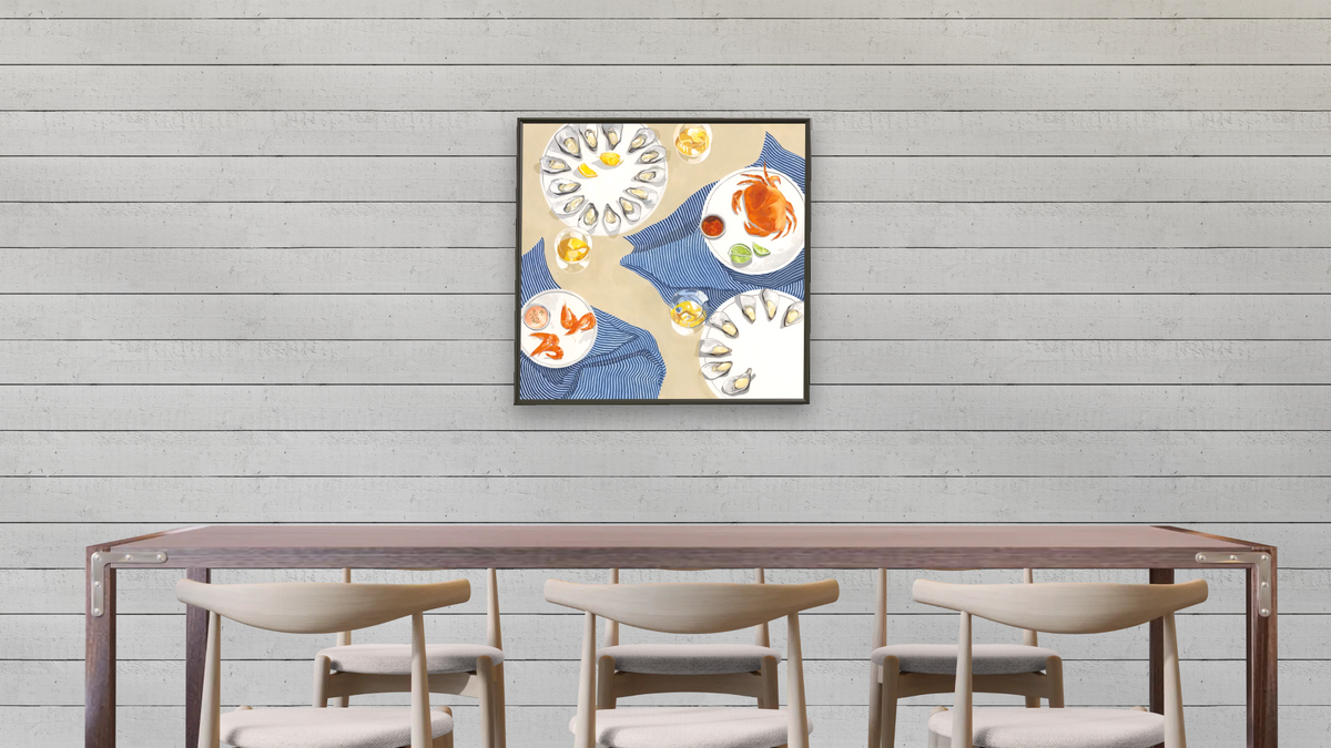 Twenty Oysters by Catherine Gerke, shown at 32 × 32 in (81.3 × 81.3 cm) on canvas in Ramino Satin Black, dining