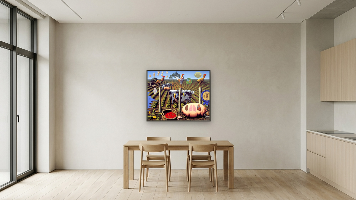 The Farm by Alexis Rockman, shown at 32 × 40 in (81.3 × 101.6 cm) on canvas in Ramino Satin Black, kitchen