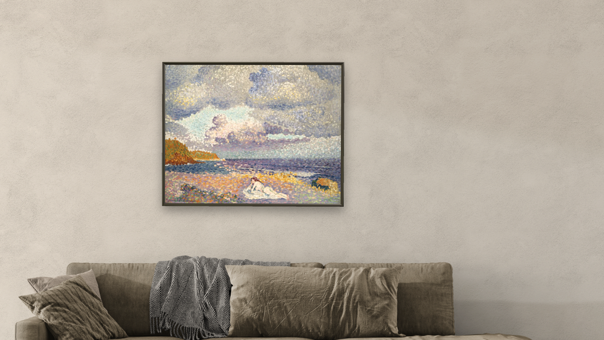 After the Storm (The Bather) by Henri Edmond Cross, shown at 32 × 40 in (81.3 × 101.6 cm) on canvas in Ramino Satin Black, living