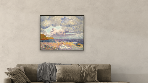After the Storm (The Bather) by Henri Edmond Cross, shown at 32 × 40 in (81.3 × 101.6 cm) on canvas in Ramino Satin Black, living [arteriel-render:v6:room_a:32x40@42,39]