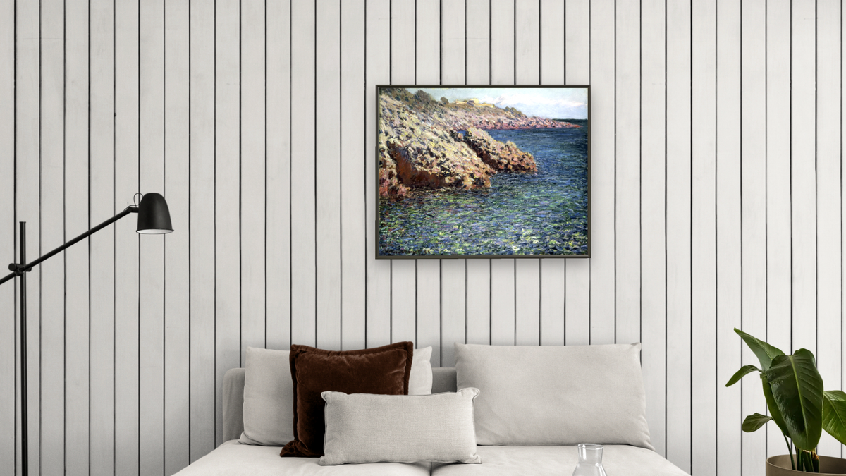 The Mediterranean (Cap d'Antibes) by Claude Monet, shown at 32 × 40 in (81.3 × 101.6 cm) on canvas in Ramino Satin Black, living