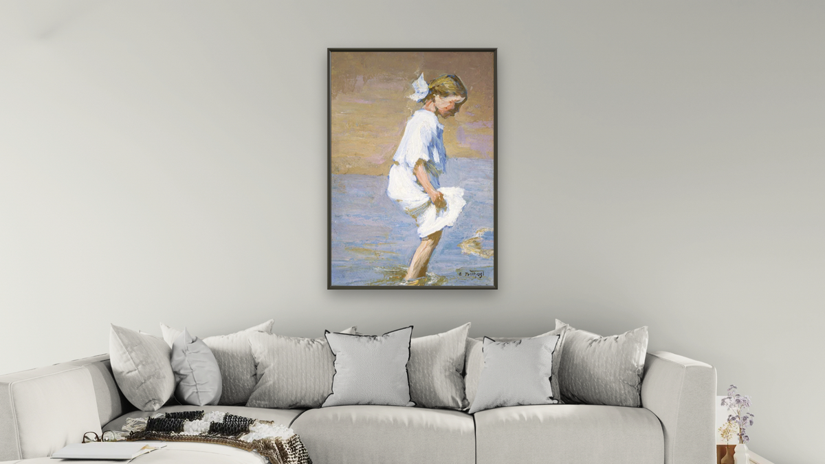 Wading At The Shore by Edward Henry Potthast I, shown at 28 × 42 in (71.1 × 106.7 cm) on canvas in Ramino Satin Black, living