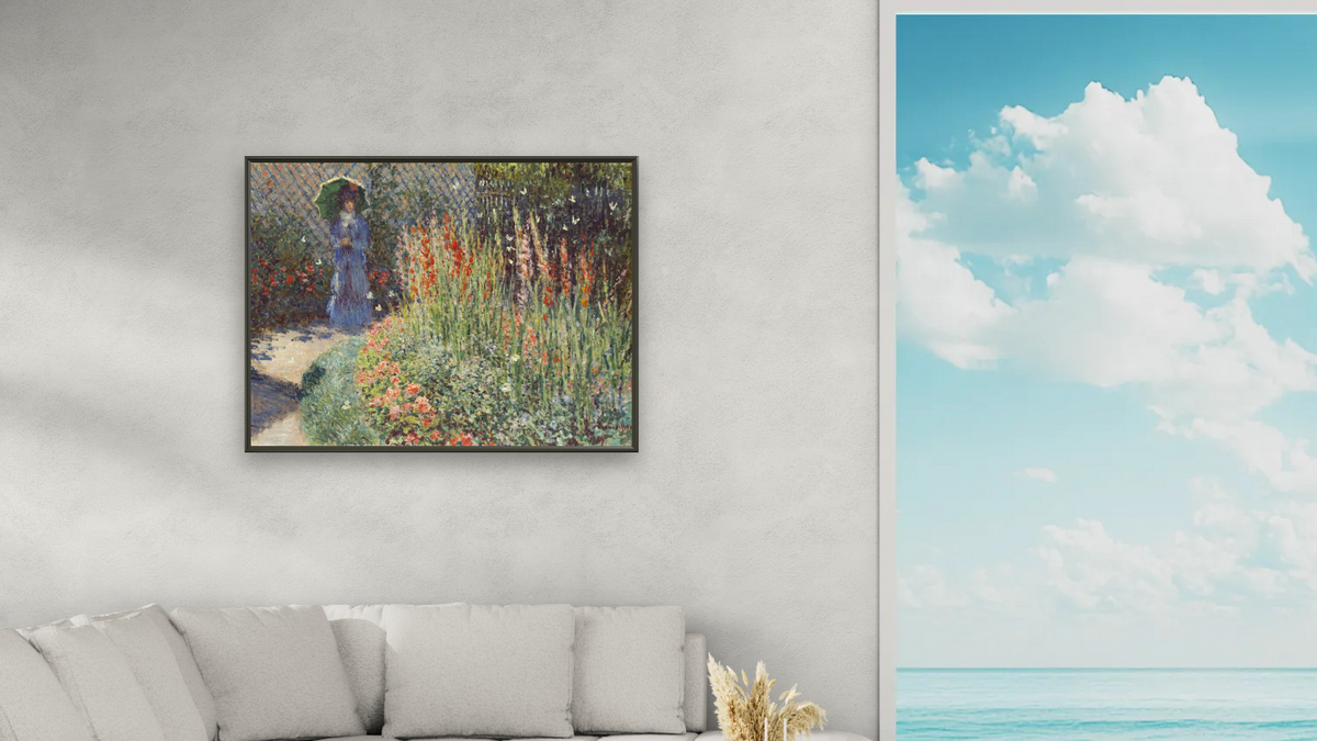 Gladioli by Claude Monet, shown at 30 × 40 in (76.2 × 101.6 cm) on canvas in Ramino Satin Black, living