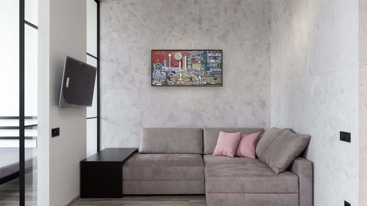 Modern Times by Ralph Fasanella, shown at 20 × 40 in (50.8 × 101.6 cm) on canvas in Ramino Satin Black, media room