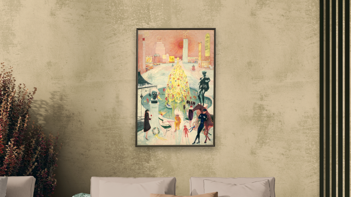 Christmas by Florine Stettheimer, shown at 28 × 42 in (71.1 × 106.7 cm) on canvas in Ramino Satin Black, living