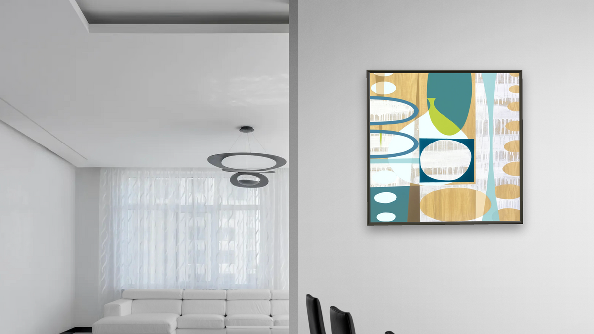 Ocean and Sand 3 by Mary Calkins, shown at 32 × 32 in (81.3 × 81.3 cm) on canvas in Ramino Satin Black, dining