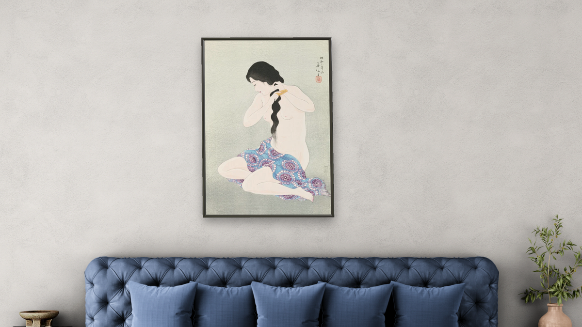 Combing the Hair (Kami-Suki) by Natori Shunsen, shown at 28 × 42 in (71.1 × 106.7 cm) on canvas in Ramino Satin Black, bedroom